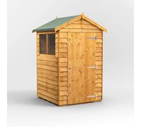 Powersheds Apex Roof Single Door Overlap Garden Shed 4ft x 4ft, Golden Brown Timber, Rustic Cladding