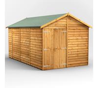 Powersheds Apex Roof Windowless Double Door Garden Shed, 14ft x 8ft, Golden Brown Timber Overlap