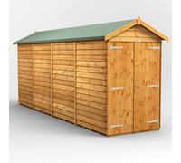 Powersheds Apex Roof Windowless Double Door Overlap Garden Shed 16ft x 4ft, Golden Brown Timber
