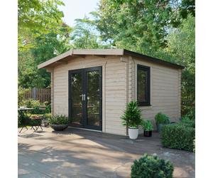 Powersheds Chalet Log Cabin 12' x 12', 44mm Anthracite Grey Timber, Burford Style Skirting