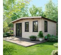 Powersheds Chalet Log Cabin 14ft x 16ft, 44mm Thickness, Anthracite Grey Timber, Burford Style Skirting