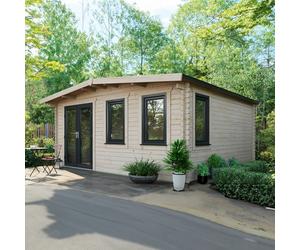 Powersheds Chalet Log Cabin 16' x 16', 44mm Log Thickness, Anthracite Grey Timber, Burford Style Skirting