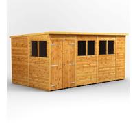 Powersheds Pent Roof Double Door Garden Shed, 14ft x 8ft, Golden Brown Timber