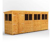 Powersheds Pent Roof Double Door Garden Shed 16ft x 4ft, Golden Brown Timber