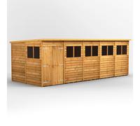 Powersheds Pent Roof Double Door Overlap Garden Shed 20ft x 8ft, Golden Brown Timber, Rustic Cladding