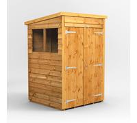 Powersheds Pent Roof Double Door Overlap Garden Shed 4ft x 4ft, Golden Brown Timber, Rustic Cladding