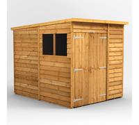Powersheds Pent Roof Double Door Overlap Garden Shed 6ft x 8ft, Golden Brown Timber, Rustic Cladding