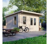 Powersheds Pent Roof Log Cabin 14' x 12', 28mm Log Thickness, Scandinavian Timber