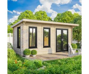 Powersheds Pent Roof Log Cabin 18' x 8', 44mm Log Thickness, Anthracite Grey Timber, Burford Style Skirting