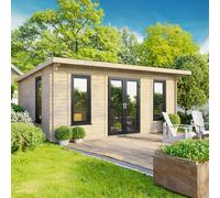 Powersheds 18' x 12' Pent Log Cabin - Central Doors, Brown