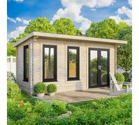 Powersheds Pent Roof Log Cabin 18' x 8', 44mm Log Thickness, Anthracite Grey Timber, Burford Style Skirting
