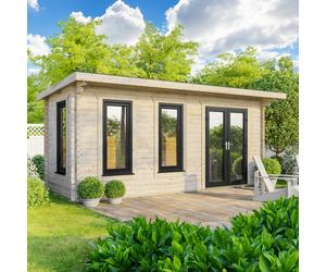 Powersheds Pent Roof Log Cabin 20' x 8', Anthracite Grey Timber, Burford Style Skirting