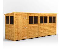 Powersheds Pent Roof Single Door Garden Shed 16ft x 4ft, Golden Brown Timber
