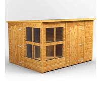 Powersheds Pent Roof Single Door Potting Shed Combi 10ft x 8ft with 6ft Side Store - Golden Brown