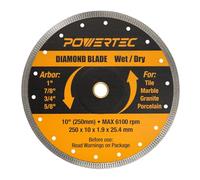 POWERTEC 10" Super Thin Diamond Blade for Wet/Dry Cutting - Turbo Mesh Tile Cutting Disc for Porcelain, Ceramic Tile, Granite, Marble & Stone, 1" Arbor w/ 7/8", 3/4" & 5/8" Reducer Rings (14029)
