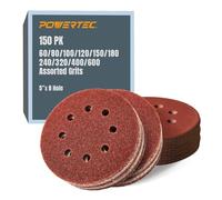 POWERTEC 150PK 5 Inch 8 Hole Hook and Loop Sanding Discs, 60/80/ 100/120/ 150/180/ 240/320/ 400/600 Assorted Grits, Sandpaper for Random Orbital Sanders (45054)
