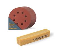 POWERTEC 45055 5 Inch 8 Hole Hook and Loop Sanding Discs with Abrasive Cleaning Stick Set, Includes 75 Pack 40/80/120 Assorted Grits Sandpaper for Random Orbital Sanders