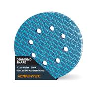 POWERTEC 5 Inch 8-Hole Hook and Loop Diamond Shaped Sanding Discs, 30-Pack Assorted Grits (60/120/240) for Random Orbital Sanders - J-Weight Cloth Backing for Long Life, Anti-Clog Sandpaper (44901)
