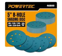 POWERTEC 5-Inch 8-Hole Hook & Loop Wet Dry Sanding Discs, 25PK Assorted Grits (80/120/150/180/220), Aluminum Oxide with Zirconia, Film Backing Sandpaper for Wood, Metal, & Automotive (46800)