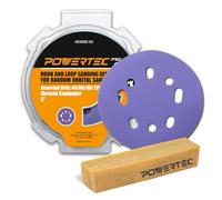 POWERTEC PRO 45301Z 50PK 5" Sanding Discs Hook and Loop & Abrasive Cleaning Stick, 40/60/80/120/220 Grit Zirconia Orbital Sandpaper for 5 & 8 Hole Random Orbital Sanders-Automotive, Metal, Woodworking