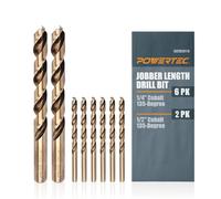 POWERTEC QDB2106 Cobalt Drill Bits 8 Pack, 1/4 Inch and 1/2 Inch, M35 HSS Cobalt Jobber Length Twist Drill Bits w/135° Tip for Drilling Wood, Metal, Stainless Steel, Nickel Alloy, Cast Iron & Plastic