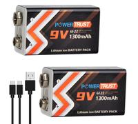 PowerTrust 2 Pack 9V Rechargeable Batteries,1300mAh Li-ion Battery with USB-C Charge Port and 2 in 1 Charging Cable for Smoke Alarms,Multimeters,Microphones,Walkie-Talkie,Electronic Toys