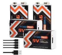 PowerTrust 4-Pack Rechargeable 9V Batteries,1300mAh Li-ion Battery with USB-C Charge Port and 2 in 1 Charging Cable for Smoke Alarms,Electronic Toys,Microphones,Walkie-Talkie,Multimeters,GPS