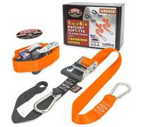 PowerTye 1.5in x 6.5ft Heavy Duty Ratchet Tie-Down Straps with Soft-Tye and Carabiner Hooks - 1,000 lb Working Load Limit / 3,000 lb Breaking Strength - Made in USA - Orange/Black Pair