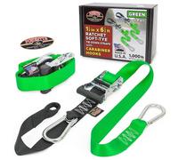 PowerTye 1.5in x 6.5ft Heavy Duty Ratchet Tie-Down Straps with Soft-Tye and Carabiner Hooks - 1,000 lb Working Load Limit / 3,000 lb Breaking Strength - Made in USA - Green/Black Pair