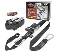 PowerTye 1.5in x 6.5ft Heavy Duty Ratchet Tie-Down Straps with Soft-Tye and Carabiner Hooks - 1,000 lb Working Load Limit / 3,000 lb Breaking Strength - Made in USA - Black/Black Pair