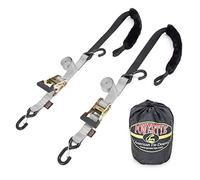 PowerTye 1.5in x 7ft Rubber Handle Ratchet Straps with SHEEPTEX Synthetic Sheepskin Soft-Tye w/Heavy Duty Latch-Hooks - 1,200 lb. WLL / 3,600 lb. Breaking Strength - Made in USA, Silver (Pair)