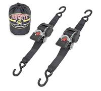 PowerTye 2in x 10ft Retractable Heavy-Duty Ratchet Tie-Downs, S-Hooks with Included Storage Bag - 800 lb Working Load Limit / 2,400 lb Breaking Strength - Black (Pair)