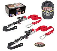 PowerTye Heavy Duty Ratchet Tie Down Straps 1.5" x 10' Long with Soft Tie, Carabiner Hooks - 1 lb Max Load / 3 lb Breaking Strength - Made in