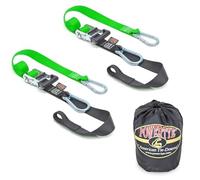 PowerTye - Made in USA - Heavy Duty Ratchet Tie Down Straps with Carabiner Hooks, Soft-Tye & Storage Bag, for Motorcycle, ATV, Trailer & Cargo, 1,000 lb WLL, 1.5 inch x 6.5ft Long, Green/Black (Pair)