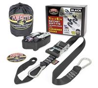 PowerTye - Made in USA - Heavy Duty Ratchet Tie Down Straps with Carabiner Hooks, Soft-Tye & Storage Bag, for Motorcycle, ATV, Trailer & Cargo, 1,000 lb WLL, 1.5 inch x 6.5ft Long, Black/Black (Pair)