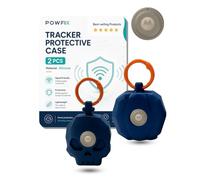 powfix 2 Pack Blue Leather Case for Motorola Moto Tag 2 Locator Tracker | Shockproof Soft Silicone Skin, Anti-Scratch Durable Holder & Metal Keyring Set - Car Key Luggage Dog Collar Accessories
