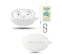 Powfix White Silicone Case for HUAWEI FreeBuds Neo, Shockproof Cover | Includes Lanyard Strap & S-Carabiner Clip, Soft Gel Anti-Scratch Protective Skin, Portable Earphone Charging Box Shell