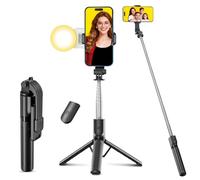 POWOMAO Selfie Stick Tripod with Fill Light,125cm Portable Telescopic Selfie Stick with Detachable Remote Control and Stable Tripod for iPhone/Samsung/Huawei/Smartphones