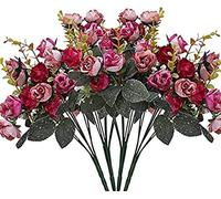 powomuge Artificial Flowers,2 Bouquets Small Rose Silk Flowers for Wedding Decoration Vase Fake Flowers Arrangements (Rose Red)