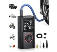 Powools Cordless Tyre Inflator Air Compressor - 150PSI Car Tyre Pump, Electric Bike Pump with Digital Pressure Gauge, Auto Shutoff & LED Light for Motorcycle, Bicycle, Balls, Black, X-Small