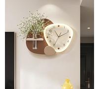 POWRZZZY Creative Silent Decorative Wall Clock,Beautiful Wall Clock with LED Light,with Sandstone Panel & Glass Vase,for Living Room Dining Room(Brown,50x40cm/19.7x15.7in)