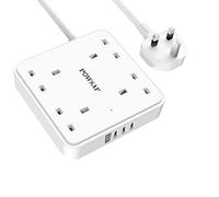 POWSAF 4 Way Extension Lead with 4 USB Slots (3.4A, 1 Type C and 3 USB-A Ports),Power Strip Extension Cord with 4 Plug Extension Socket and 2M Extension Cable for Home Office Travel,White