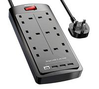 POWSAF 6 Way Extension Lead with 4 USB Slots (3.4A, 1 Type C and 3 USB-A Ports),Power Strip Extension Cord with 6 Plug Extension Socket and 2M Extension Cable for Home Office Travel,Black