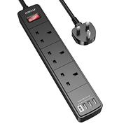 POWSAF Extension Lead with 4 USB Slots (3.4A, 1 Type C and 3 USB-A Ports),Power Strip Surge Protector with 3 way plug extension Socket and 2M Extension cube cable for Home Office Travel,Black