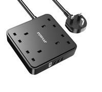 POWSAF Power Strip Extension Cord with 4 Plug Socket and 2M Extension Cable for Home Office Travel, Black