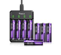 POWXS Rechargeable Lithium AA Batteries 8-Pack with Charger, 3500 mWh High Capacity 1.5V Constant Voltage Output Li-ion Double A Battery 2000+ Cycles