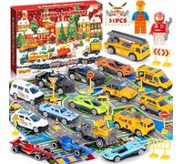 POWZOO Advent Calendar 2025 Children, 31-Piece Set, with 16 Toy Vehicles, 1 City Map, 14 Traffic Signs, 24 Days Christmas Calendar Countdown Calendar, for Boys from 1-6 Years