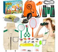 POWZOO Researcher Set for Children, 21-Piece Explorer Set with Researcher Costume, Hat, Binoculars, Compass, Cup Magnifier & More, Nature Exploration and Adventure Gift for Kids