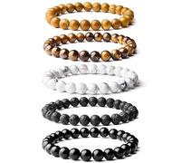Poxtex - 5pcs Natural Stone Bead Bracelets for Women Men 8mm Tiger Eye Rose Quartz Bracelet Fashion Jewelry Accessories for Women Men Girls Boys Anniversary, universal, Stone, No Gemstone