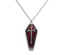 POYAMUSE Red Coffin Pendant Necklace - Gothic Cross Pattern Vampire Cosplay Jewelry for Halloween Party, Brass, metal